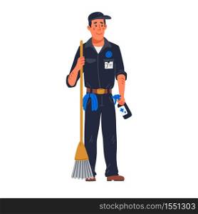 janitor - male janitor in black uniform holding mop. Cleaning service and hospital disinfection. Flat style vector illustration on white background. janitor - male janitor in black uniform holding mop. Cleaning service and hospital disinfection. Flat style vector illustration on white background.
