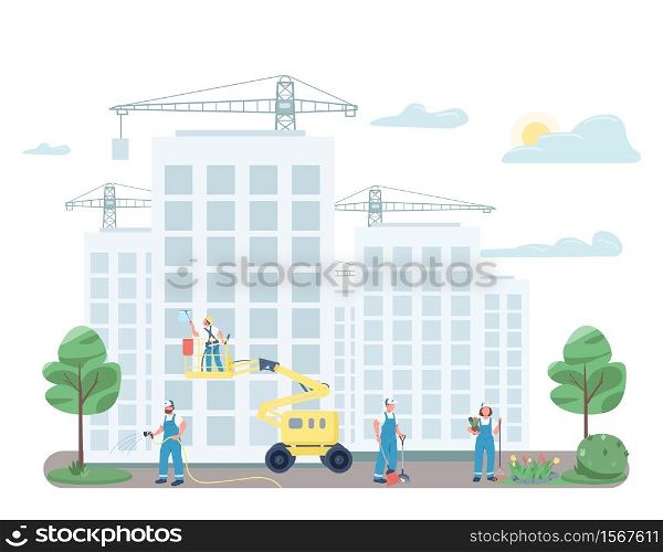 Janitorial team cleaning street flat color vector faceless characters. Janitors on construction site isolated cartoon illustration for web graphic design and animation. Commercial cleaning service. Janitorial team cleaning street flat color vector faceless characters