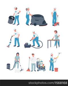 Janitors flat color vector faceless characters set. Cleaning business, housekeeping service. People with cleaning equipment isolated cartoon illustrations pack for web graphic design and animation. Janitors flat color vector faceless characters set