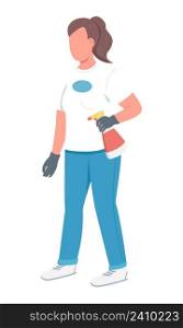 Janitress semi flat color vector character. Standing figure. Full body person on white. Charwoman with cleaning supply simple cartoon style illustration for web graphic design and animation. Janitress semi flat color vector character