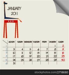 january 2011 animals calendar, abstract vector art illustration