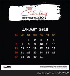 January 2019 New year Calendar Template. Brush Stroke Header Background. Vector EPS10 Abstract Template background