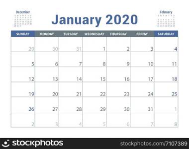 January 2020 calendar. English planner. ?olor vector template. Week starts on Sunday. Business planning. New year calender. Clean minimal table. Simple design