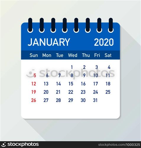 January 2020 Calendar Leaf. Calendar 2020 in flat style. Vector stock illustration.. January 2020 Calendar Leaf. Calendar 2020 in flat style. Vector illustration.