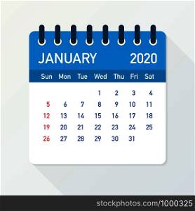 January 2020 Calendar Leaf. Calendar 2020 in flat style. Vector stock illustration.. January 2020 Calendar Leaf. Calendar 2020 in flat style. Vector illustration.