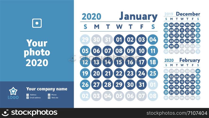 January 2020 calendar. New year planner design. English calender. Blue color vector template. Week starts on Sunday. Business planning.