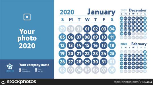 January 2020 calendar. New year planner design. English calender. Blue color vector template. Week starts on Sunday. Business planning.