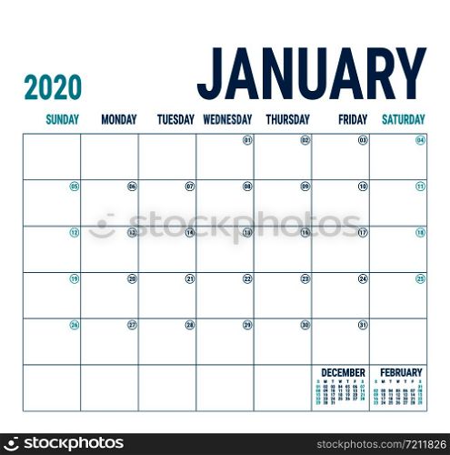 January 2020. Calendar planner. English calender template. Vector square grid. Office business planning. Creative design. Blue color