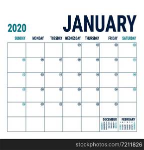 January 2020. Calendar planner. English calender template. Vector square grid. Office business planning. Creative design. Blue color