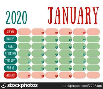 January 2020 diary. Calendar. Cute trend design. New year planner. English calender. Green and red color vector template. Notebook for notes. Week starts on Sunday. Planning. Hearts