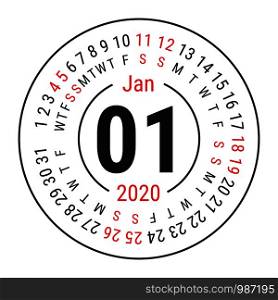 January 2020. Vector English ?alendar. Round calender. Week starts on Sunday. Design template. Circle. First month