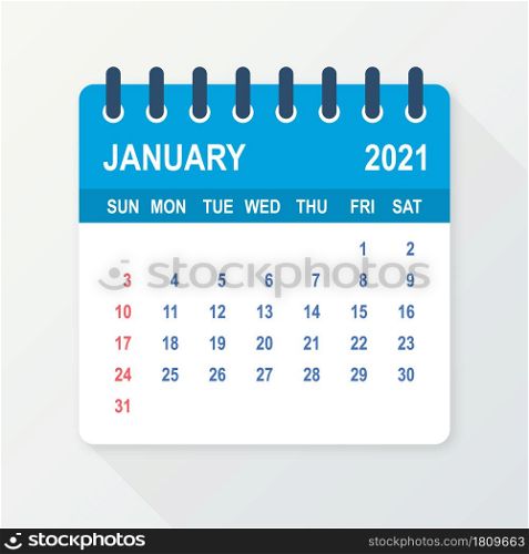 January 2021 Calendar Leaf. Calendar 2021 in flat style. Vector illustration. January 2021 Calendar Leaf. Calendar 2021 in flat style. Vector illustration.