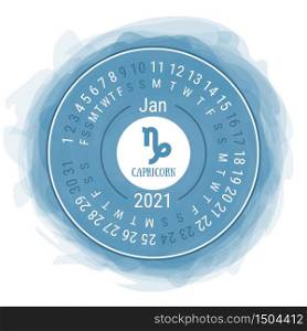 January 2021. Vector English ?alendar. Zodiac sign. Capricorn. Astrological symbol. Zodiacal color vector horoscope. Watercolor kid&rsquo;s sketch doodle style. Hand drawn frame. Round calender. Smoky circle