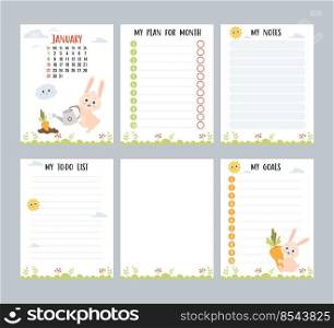 January 2023. Farm calendar for month with cute rabbit watering carrots in garden bed. Vector set of vertical page templates planner, to-do list, my plan and notes. Week from Sunday, in English
