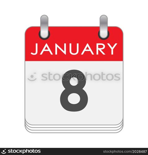 January 8. A leaf of the flip calendar with the date of January 8. Flat style.