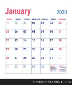 January calendar 2020. English calender template. Vector grid. Office business planning. Simple design