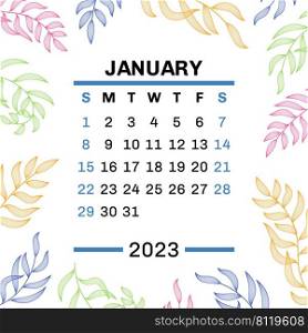 January. Calendar 2023. Leaves. Vector leaf. Hand drawn repeating elements. Fashion design print. Natural background.. January. Calendar 2023. Leaves. Vector leaf. Hand drawn repeating elements. Fashion design print. Natural background
