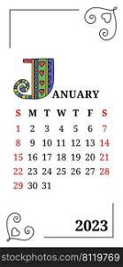 January. Calendar 2023. Lettering. Week starts on Sunday. English template.. January. Calendar 2023. Lettering. Week starts on Sunday. English template