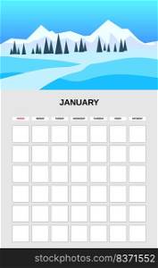 January Calendar Planner month. Minimalistic snow field landscape natural backgrounds Winter. Monthly template for diary business. Vector isolated illustration. January Calendar Planner month. Minimalistic snow field landscape natural backgrounds Winter. Monthly template for diary business. Vector isolated