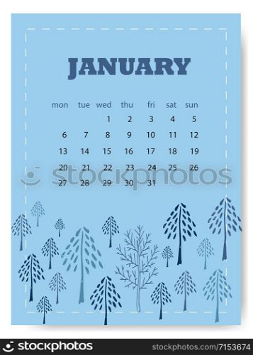 January calendar template. Cute blue calendar page for January month. Blue illustrated background. January calendar template. Cute blue calendar page for January month. Blue illustrated background.