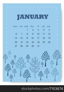January calendar template. Cute blue calendar page for January month. Blue illustrated background. January calendar template. Cute blue calendar page for January month. Blue illustrated background.