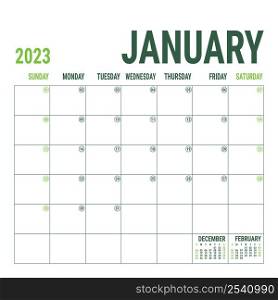 January. Planner 2023 year. English vector square calendar template. Minimalistic design. Week starts on Sunday.. January. Planner 2023 year. English vector square calendar template. Minimalistic design. Week starts on Sunday