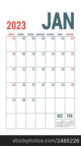 January. Planner 2023 year. English vector vertical template. Week starts on Sunday.. January. Planner 2023 year. English vector vertical template. Week starts on Sunday