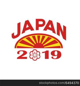 Japan 2019 Icon. Icon retro style illustration of a rising sun set inside oval with words Japan 2019 on isolated background.. Japan 2019 Icon