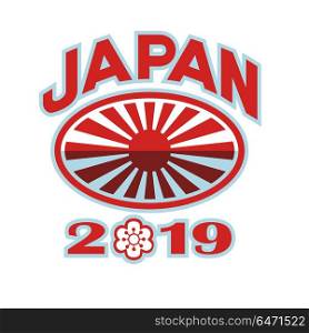 Japan 2019 Rugby Ball Retro. Retro style illustration of a rugby ball with Japanese flag rising sun set inside rugby ball with words Japan 2019 and sakura or cherry blossom flower in number zero on isolated background.. Japan 2019 Rugby Ball Retro