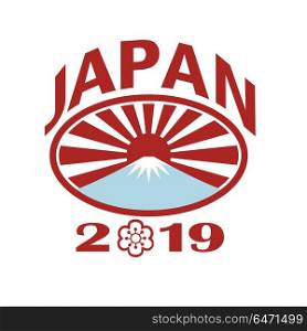 Japan 2019 Rugby Oval Ball Retro. Retro style illustration of a rugby ball with Japanese rising sun and Mount Fuji mountain inside oval with words Japan 2019 and sakura or cherry blossom flower in number zero on isolated background.. Japan 2019 Rugby Oval Ball Retro