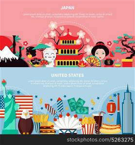 Japan And United States Horizontal Banners . Japan and united states horizontal banners with national historic architecture and culture symbols flat vector illustration