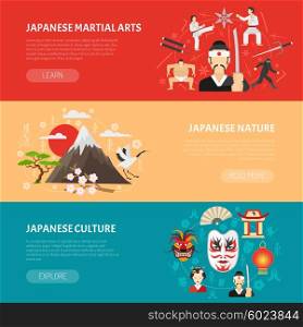 Japan Banners Set. Japan horizontal banners set with martial arts and nature symbols flat isolated vector illustration