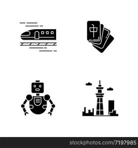 Japan black glyph icons set on white space. Asian bullet train, shinkansen. Mahjong game. Robot part. Skytree tower. Traditional japanese attributes. Silhouette symbols. Vector isolated illustration