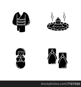 Japan black glyph icons set on white space. Kimono clothing. Yukata shoes. Asian hot springs. Kokeshi doll. Traditional japanese attributes. Silhouette symbols. Vector isolated illustration