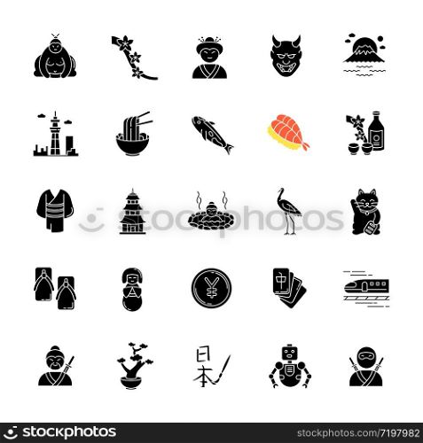 Japan black glyph icons set on white space. Koi carp. Ramen and sushi. Sake drink. Ninja and samurai. Asian souvenirs. Traditional japanese symbols. Silhouette symbols. Vector isolated illustration