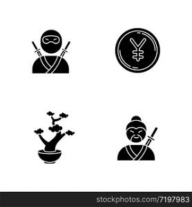Japan black glyph icons set on white space. Ninja warrior. Yen coin. Bonsai tree in pot. Samurai, asian martial arts. Traditional japanese symbols. Silhouette symbols. Vector isolated illustration