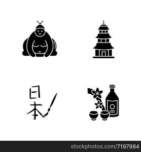 Japan black glyph icons set on white space. Sumo fighter. Shintoism temple. Asian calligraphy. Sake, alcohol drink. Traditional japanese attributes. Silhouette symbols. Vector isolated illustration
