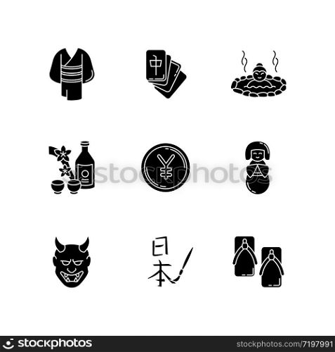 Japan black glyph icons set on white space. Yukata, kimono. Mahjong game. Hot springs. Sake, rice wine. Yen coin. Traditional japanese attributes. Silhouette symbols. Vector isolated illustration