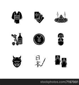 Japan black glyph icons set on white space. Yukata, kimono. Mahjong game. Hot springs. Sake, rice wine. Yen coin. Traditional japanese attributes. Silhouette symbols. Vector isolated illustration