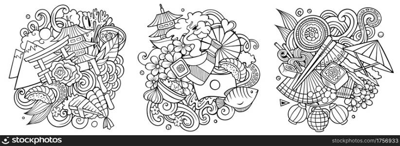 Japan cartoon vector doodle designs set. Line art detailed compositions with lot of Japanese objects and symbols. Isolated on white illustrations. Japan cartoon vector doodle designs set.