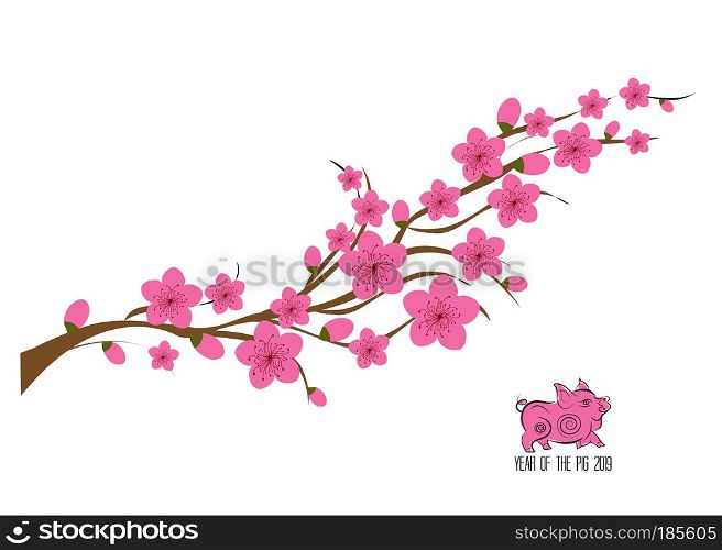 Japan cherry blossom branching tree vector illustration. Japanese invitation card with asian blossoming plum branch