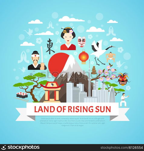 Japan Concept Background . Japan concept background with land of rising sun symbols flat vector illustration