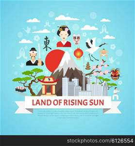 Japan Concept Background . Japan concept background with land of rising sun symbols flat vector illustration