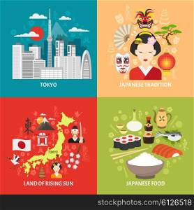 Japan Concept Icons Set . Japan concept icons set with Tokyo and Japanese food symbols flat isolated vector illustration