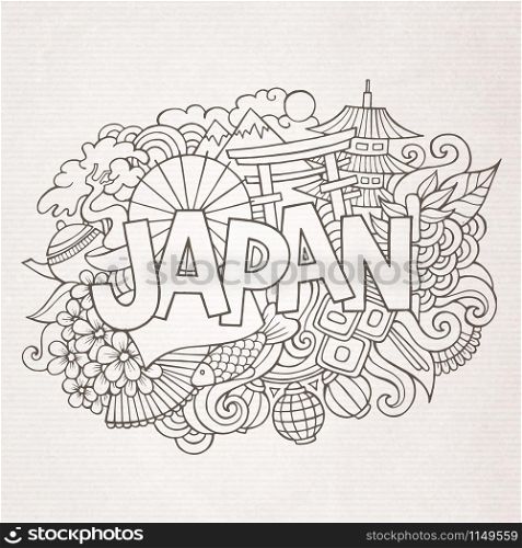 Japan country hand lettering and doodles elements and symbols background. Vector hand drawn sketchy illustration. Japan country hand lettering and doodles elements