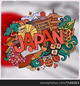 Japan country hand lettering and doodles elements and symbols emblem. Vector blurred background. Japan country hand lettering and doodles elements