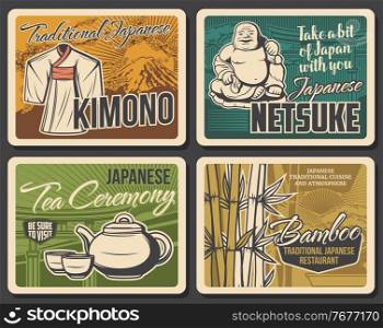 Japan culture and traditions retro banners. Hotei smiling Buddha netsuke figure, traditional japanese kimono, teapot and cups for tea ceremony, bamboo stalks vector. Japan tourist attractions posters. Japan culture and traditions retro vector banners