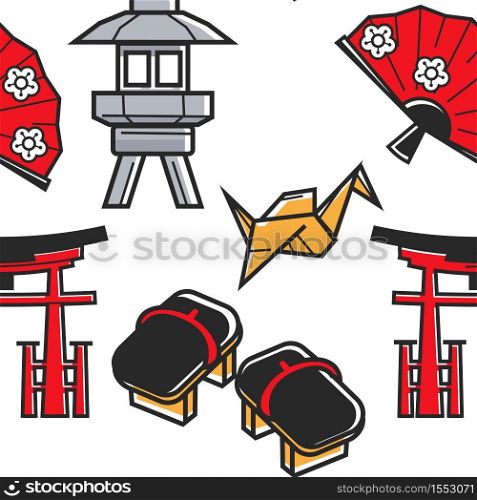 Japan culture and traveling Japanese symbols seamless pattern vector origami and geta footwear torii gate and fan street lantern endless texture art and traditions tourism landmarks and attractions. Japanese symbols seamless pattern Japan culture and traveling