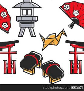 Japan culture and traveling Japanese symbols seamless pattern vector origami and geta footwear torii gate and fan street lantern endless texture art and traditions tourism landmarks and attractions. Japanese symbols seamless pattern Japan culture and traveling