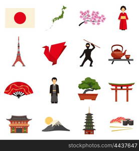 Japan Culture Flat Icons Set . Japanese culture flat icons collection with sakura cherry blossom red lantern and bonsai abstract isolated vector illustration